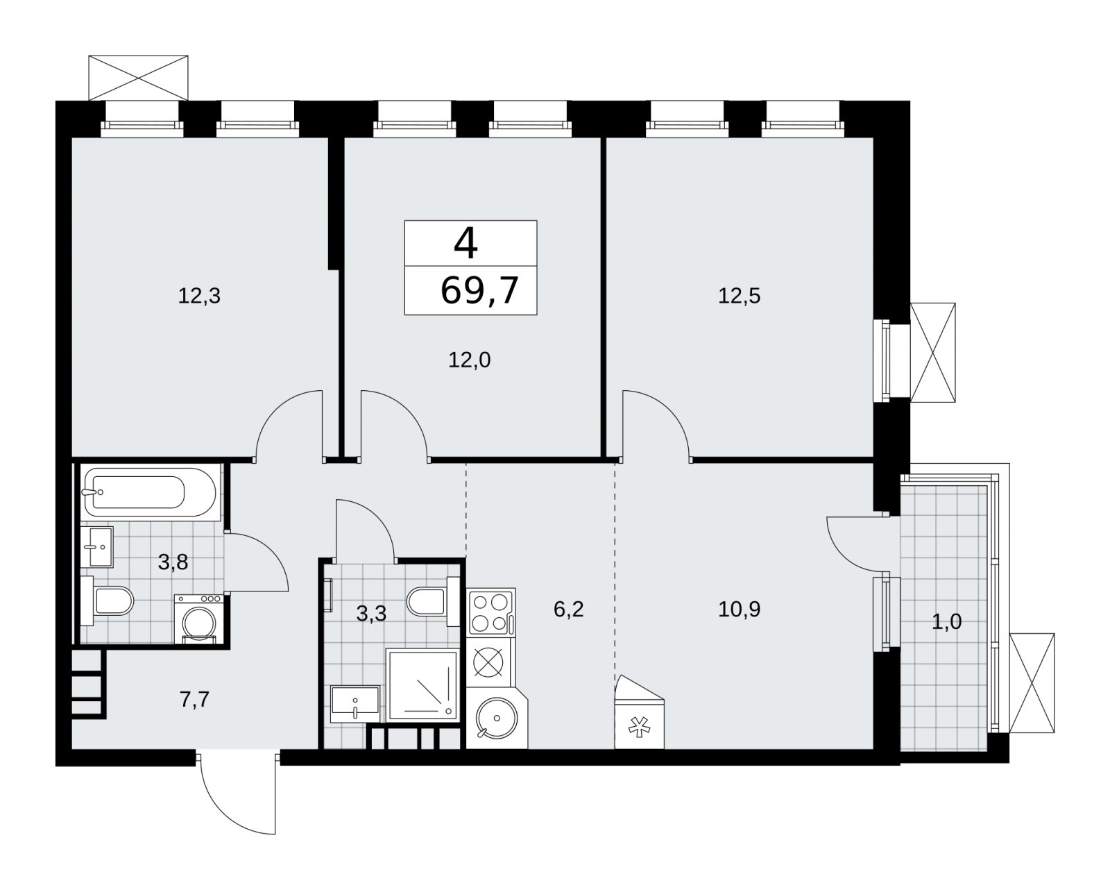 4-комнатная квартира (евро) с частичной отделкой, 69.7 м2, 5 этаж, сдача 2 квартал 2026 г., ЖК Скандинавия, корпус 25.1 - объявление 2283350 - фото №1