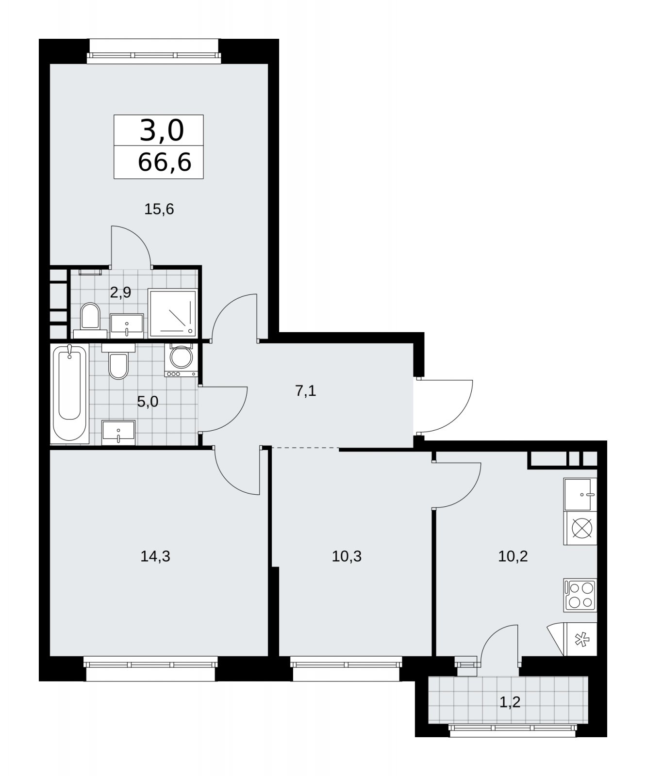3-комнатная квартира с частичной отделкой, 66.6 м2, 8 этаж, сдача 2 квартал 2026 г., ЖК Дзен-кварталы, корпус 3.6 - объявление 2242956 - фото №1