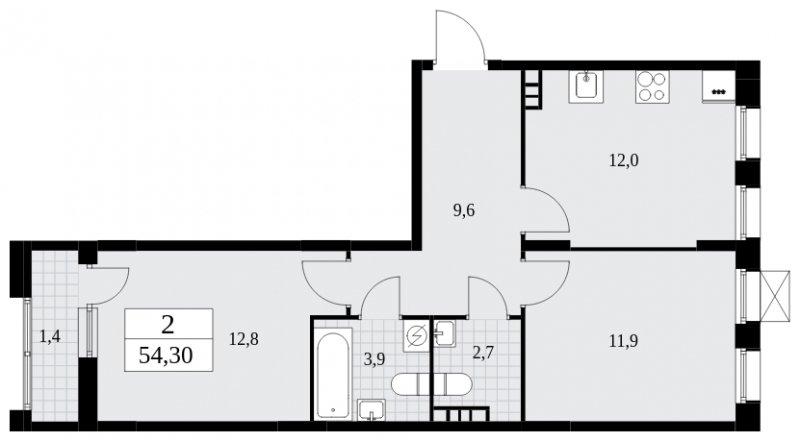 2-комнатная квартира без отделки, 54.3 м2, 6 этаж, сдача 4 квартал 2024 г., ЖК Бунинские кварталы, корпус 1.3 - объявление 1834761 - фото №1
