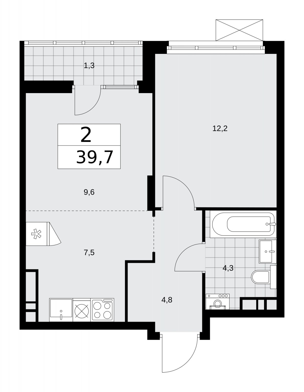 2-комнатная квартира (евро) с полной отделкой, 39.7 м2, 12 этаж, сдача 2 квартал 2026 г., ЖК Деснаречье, корпус 4.8 - объявление 2265139 - фото №1