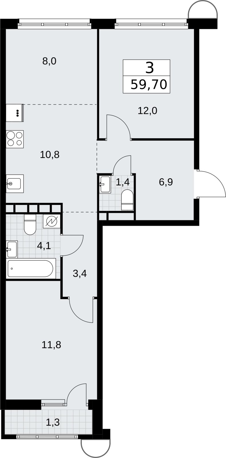 3-комнатная квартира (евро) с полной отделкой, 59.7 м2, 10 этаж, сдача 4 квартал 2026 г., ЖК Родные кварталы, корпус 3.2 - объявление 2378406 - фото №1
