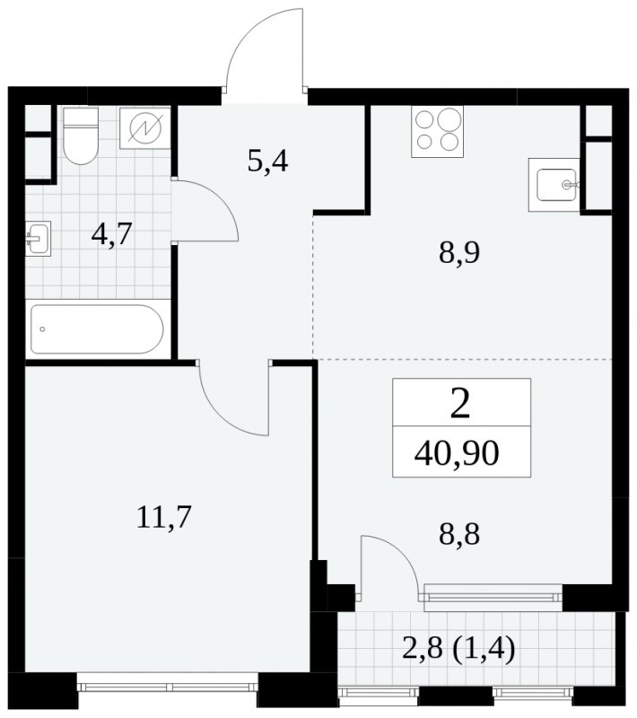 2-комнатная квартира (евро) с частичной отделкой, 40.9 м2, 17 этаж, сдача 2 квартал 2025 г., ЖК Южные сады, корпус 2.1 - объявление 1760019 - фото №1