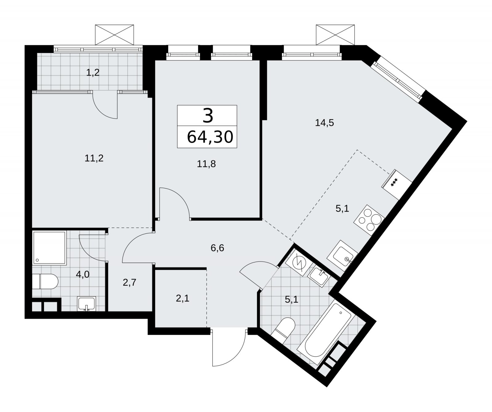 3-комнатная квартира (евро) с частичной отделкой, 64.3 м2, 4 этаж, сдача 1 квартал 2026 г., ЖК Дом на Зорге, корпус 25 - объявление 2221172 - фото №1