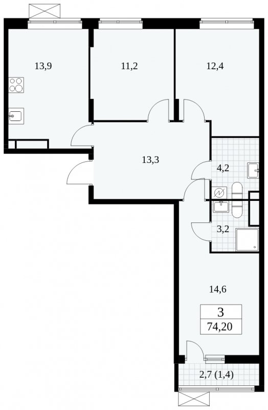 3-комнатная квартира без отделки, 74.2 м2, 15 этаж, сдача 1 квартал 2025 г., ЖК Прокшино, корпус 5.1.3 - объявление 1810848 - фото №1
