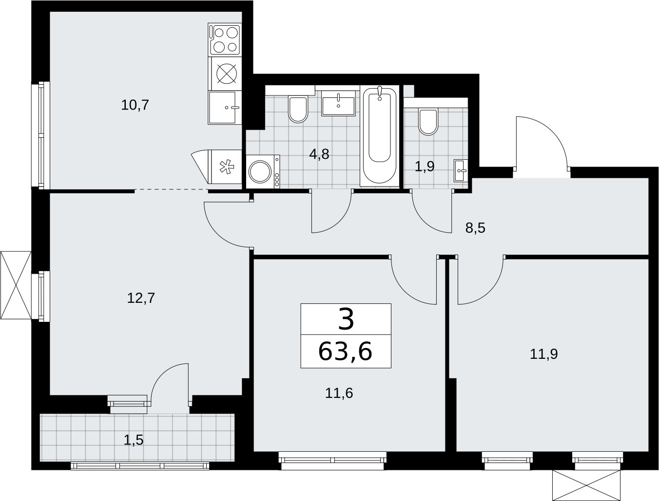 3-комнатная квартира без отделки, 63.6 м2, 3 этаж, сдача 2 квартал 2026 г., ЖК Бунинские кварталы, корпус 7.3 - объявление 2313597 - фото №1