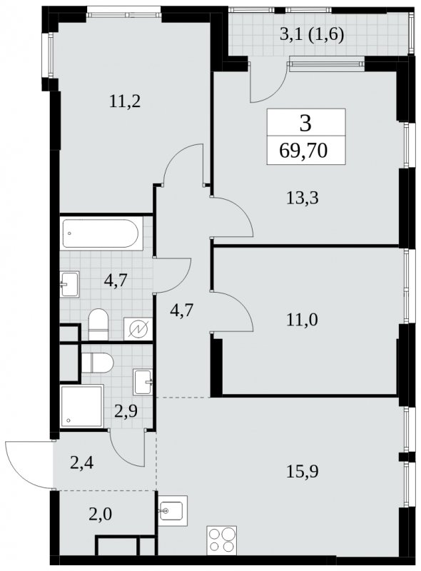 3-комнатная квартира с полной отделкой, 69.7 м2, 4 этаж, сдача 2 квартал 2025 г., ЖК Южные сады, корпус 2.2 - объявление 1757483 - фото №1