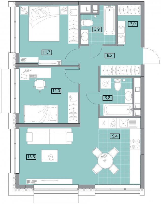 3-комнатная квартира (евро) с полной отделкой, 66.56 м2, 7 этаж, сдача 2 квартал 2022 г., ЖК Вестердам, корпус 3 - объявление 1522239 - фото №1