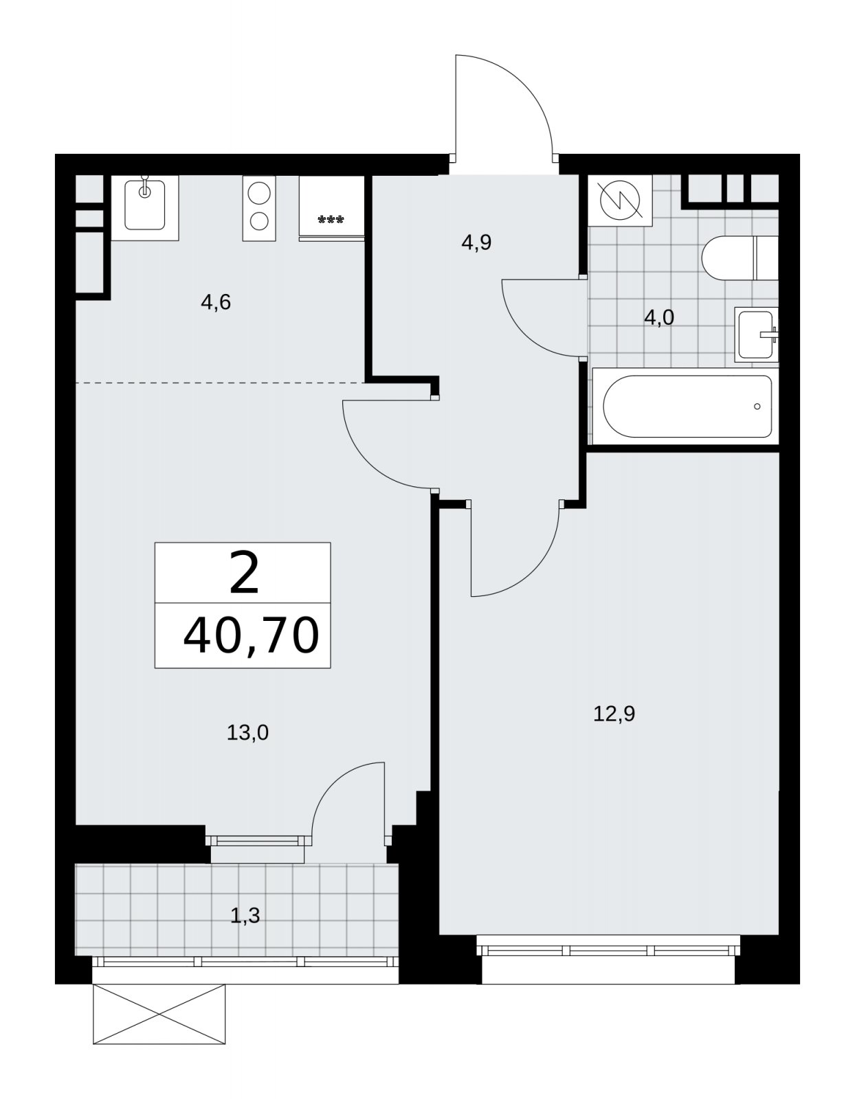 2-комнатная квартира (евро) с частичной отделкой, 40.7 м2, 6 этаж, сдача 4 квартал 2025 г., ЖК Бунинские кварталы, корпус 3.4 - объявление 2152056 - фото №1