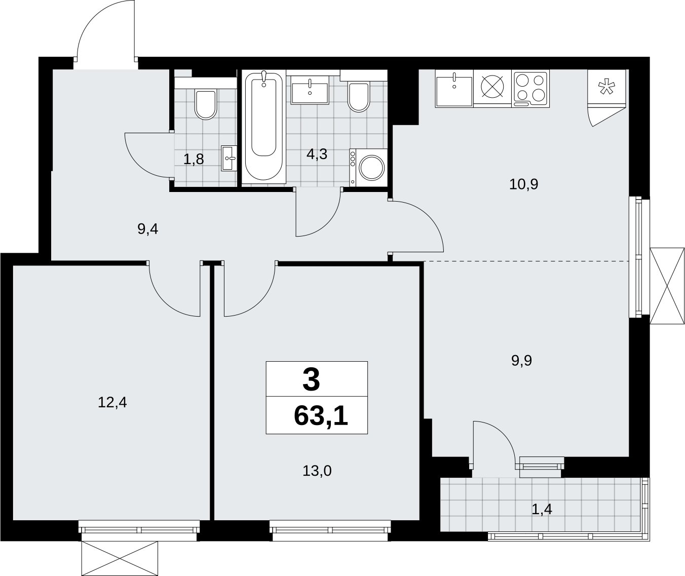 3-комнатная квартира (евро) без отделки, 63.1 м2, 7 этаж, сдача 2 квартал 2026 г., ЖК Бунинские кварталы, корпус 9.1 - объявление 2324111 - фото №1