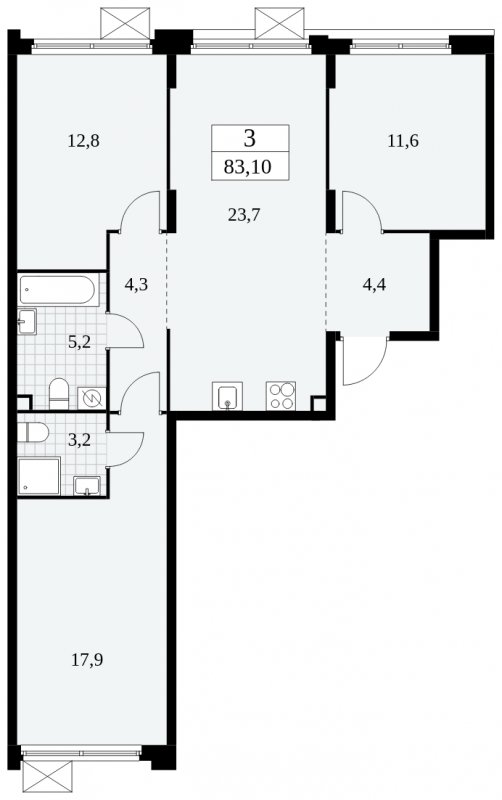 3-комнатная квартира без отделки, 83.1 м2, 2 этаж, сдача 4 квартал 2024 г., ЖК Скандинавия, корпус 2.27.3 - объявление 1840507 - фото №1