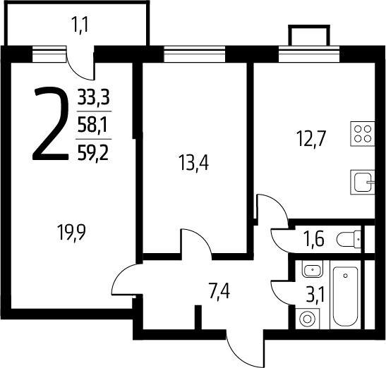 2-комнатная квартира с полной отделкой, 59.2 м2, 5 этаж, сдача 1 квартал 2025 г., ЖК Новые Ватутинки. Заречный, корпус 5/1 - объявление 2272160 - фото №1