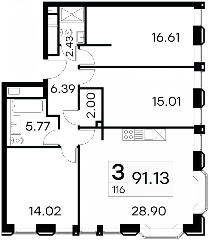 3-комнатные апартаменты с частичной отделкой, 91.13 м2, 11 этаж, сдача 3 квартал 2024 г., ЖК GloraX Aura Белорусская, корпус 1 - объявление 1708623 - фото №1
