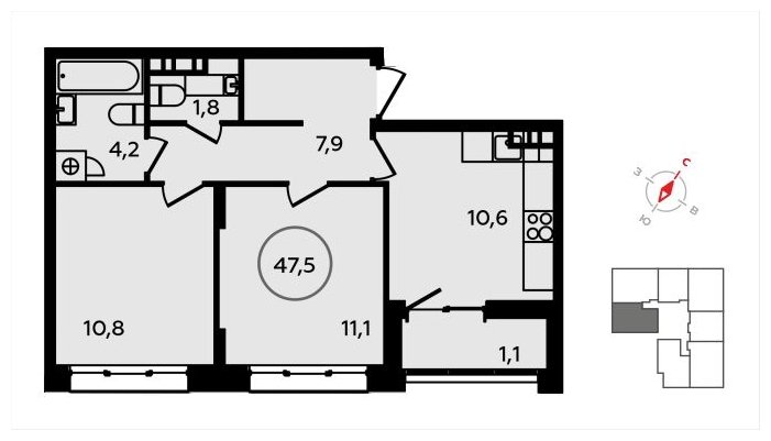 2-комнатная квартира без отделки, 47.5 м2, 7 этаж, сдача 3 квартал 2024 г., ЖК Скандинавия, корпус 2.22.2 - объявление 1625489 - фото №1