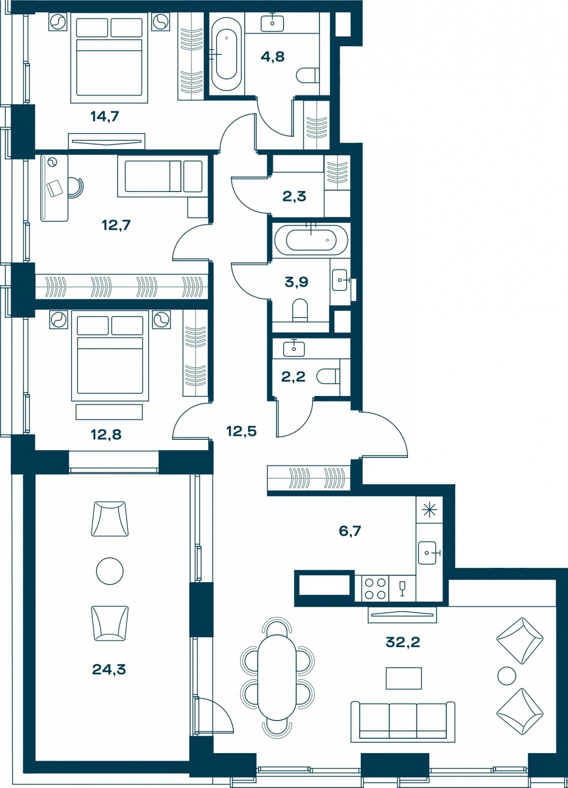 3-комнатная квартира с частичной отделкой, 112.1 м2, 20 этаж, сдача 4 квартал 2026 г., ЖК SOUL, корпус 3 - объявление 2329822 - фото №1