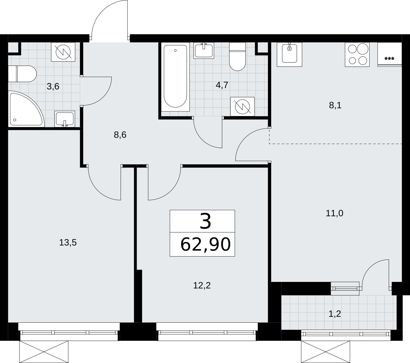 3-комнатная квартира (евро) без отделки, 62.9 м2, 2 этаж, сдача 3 квартал 2026 г., ЖК Родные кварталы, корпус 2 - объявление 2295424 - фото №1