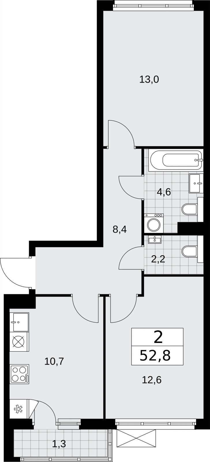 2-комнатная квартира без отделки, 52.8 м2, 7 этаж, сдача 2 квартал 2026 г., ЖК Бунинские кварталы, корпус 7.3 - объявление 2313779 - фото №1