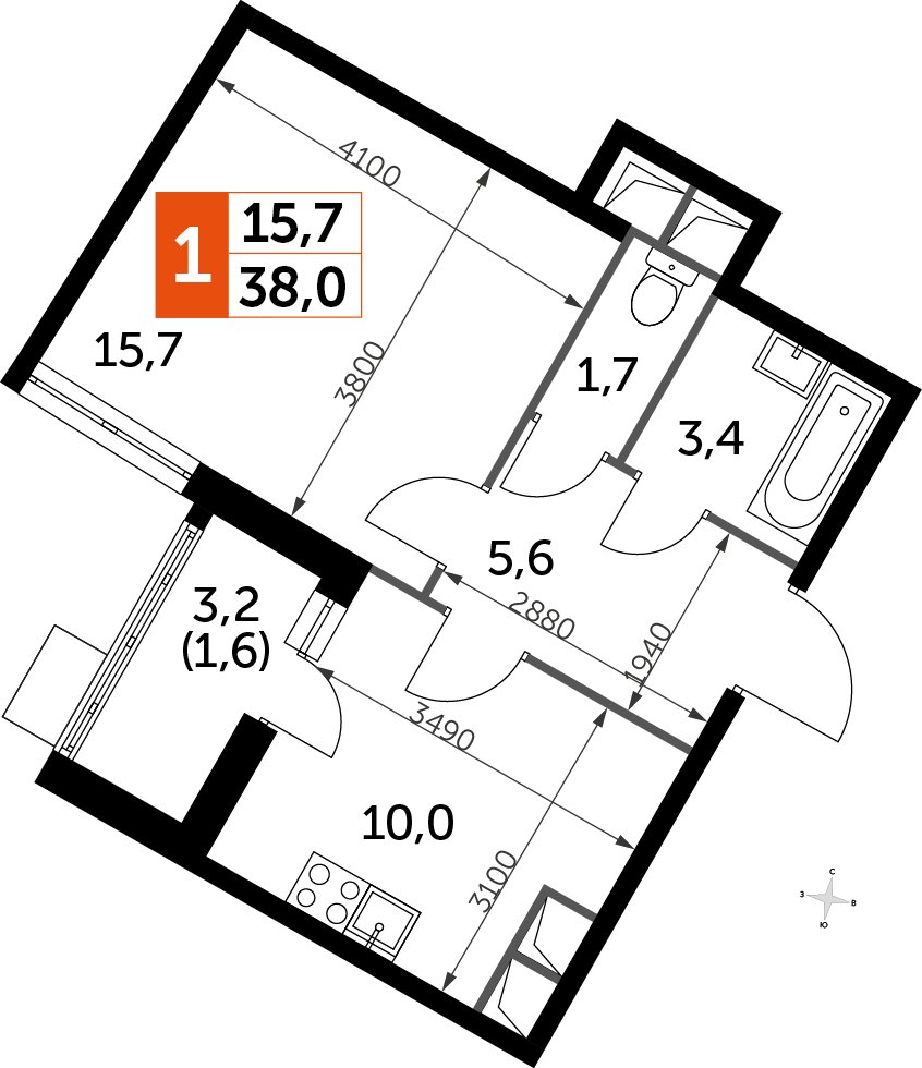1-комнатная квартира без отделки, 38 м2, 13 этаж, дом сдан, ЖК UP-квартал Римский, корпус 7 - объявление 2359875 - фото №1