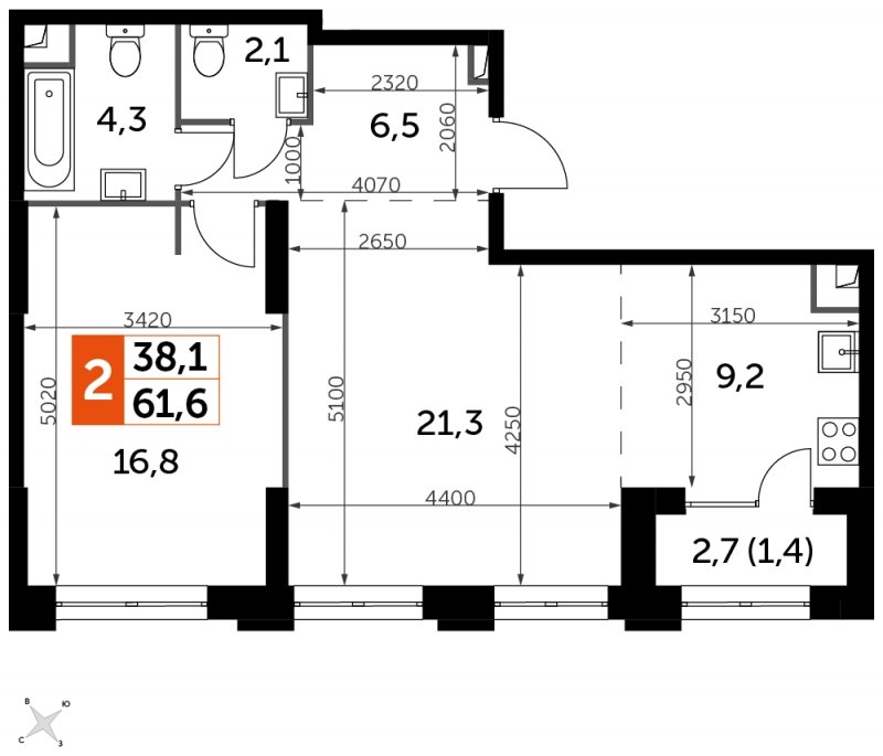 2-комнатная квартира с частичной отделкой, 61.6 м2, 17 этаж, сдача 1 квартал 2023 г., ЖК Sydney City, корпус 3 - объявление 1569068 - фото №1