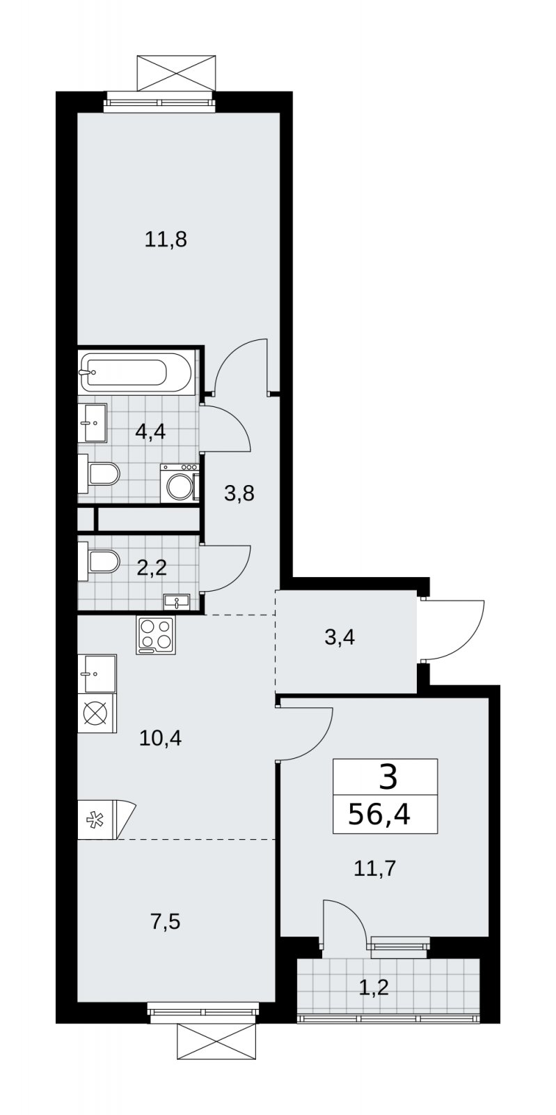 3-комнатная квартира (евро) без отделки, 56.4 м2, 12 этаж, сдача 4 квартал 2025 г., ЖК Прокшино, корпус 11.1.4 - объявление 2257683 - фото №1
