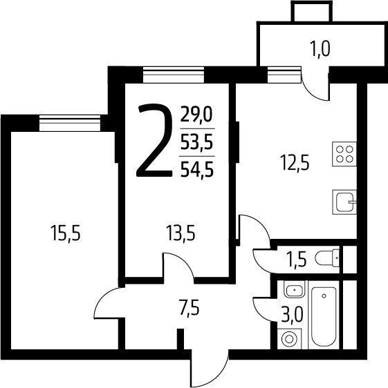 2-комнатная квартира с полной отделкой, 54.5 м2, 11 этаж, сдача 1 квартал 2025 г., ЖК Новые Ватутинки. Заречный, корпус 5/3 - объявление 2386195 - фото №1