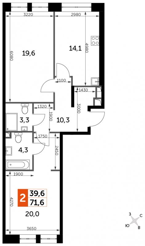 2-комнатная квартира с частичной отделкой, 71.6 м2, 4 этаж, сдача 3 квартал 2024 г., ЖК Sydney City, корпус 2.1 - объявление 1652457 - фото №1