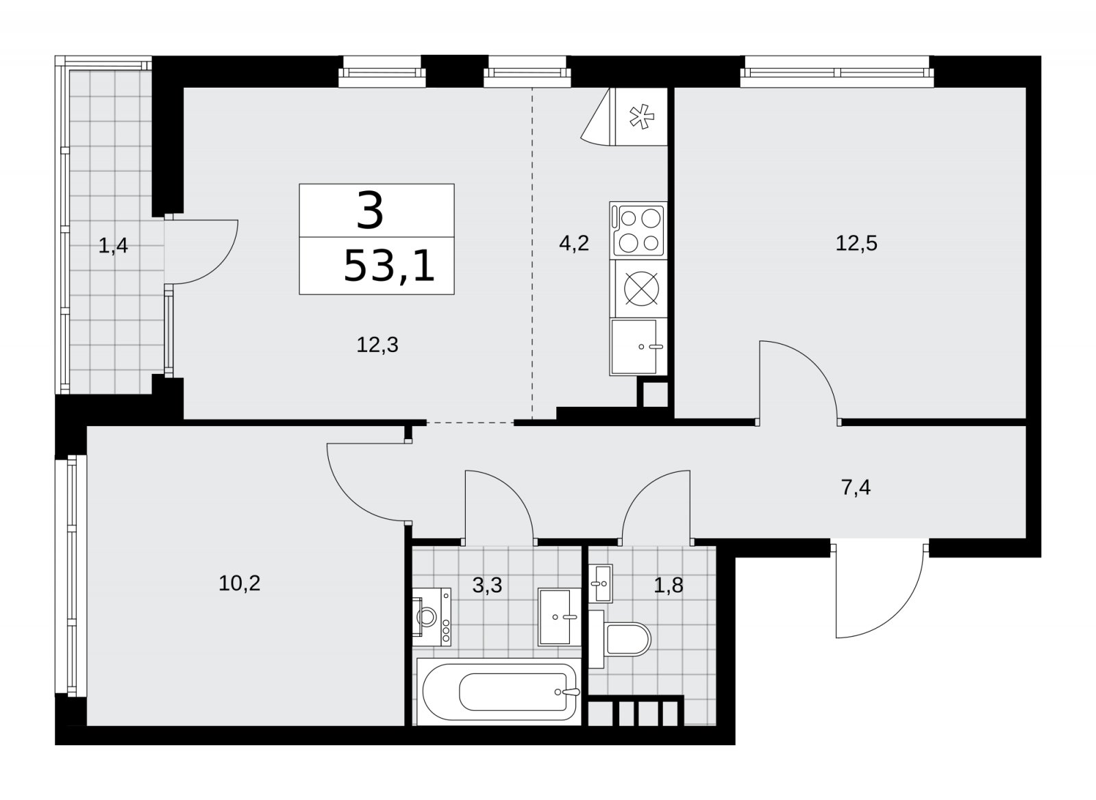 3-комнатная квартира (евро) с частичной отделкой, 53.1 м2, 14 этаж, сдача 2 квартал 2026 г., ЖК Деснаречье, корпус 4.4 - объявление 2264051 - фото №1