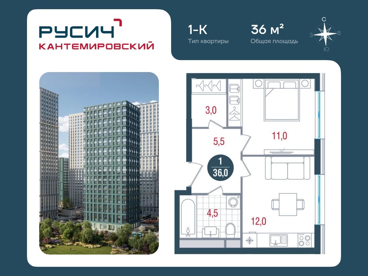 1-комнатная квартира без отделки, 36 м2, 31 этаж, сдача 2 квартал 2025 г., ЖК РУСИЧ Кантемировский, корпус 4 - объявление 2432440 - фото №1