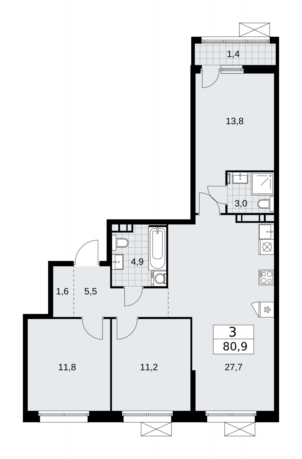 3-комнатная квартира без отделки, 80.9 м2, 7 этаж, сдача 2 квартал 2026 г., ЖК Скандинавия, корпус 25.5 - объявление 2283647 - фото №1