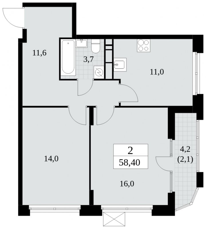 2-комнатная квартира без отделки, 58.4 м2, 8 этаж, сдача 4 квартал 2024 г., ЖК Скандинавия, корпус 2.27.2 - объявление 1840370 - фото №1