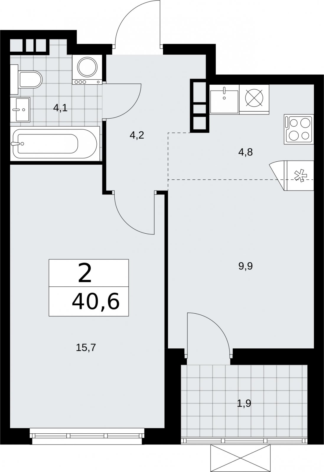 2-комнатная квартира (евро) без отделки, 40.6 м2, 14 этаж, сдача 2 квартал 2026 г., ЖК Бунинские кварталы, корпус 5.3 - объявление 2297615 - фото №1