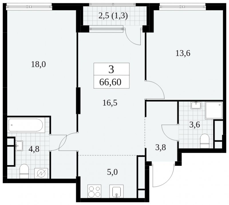 3-комнатная квартира (евро) без отделки, 66.6 м2, 29 этаж, сдача 2 квартал 2025 г., ЖК Южные сады, корпус 2.3 - объявление 1758287 - фото №1