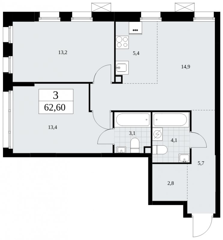 3-комнатная квартира (евро) с частичной отделкой, 62.6 м2, 2 этаж, сдача 1 квартал 2025 г., ЖК Дзен-кварталы, корпус 1.1 - объявление 1895456 - фото №1