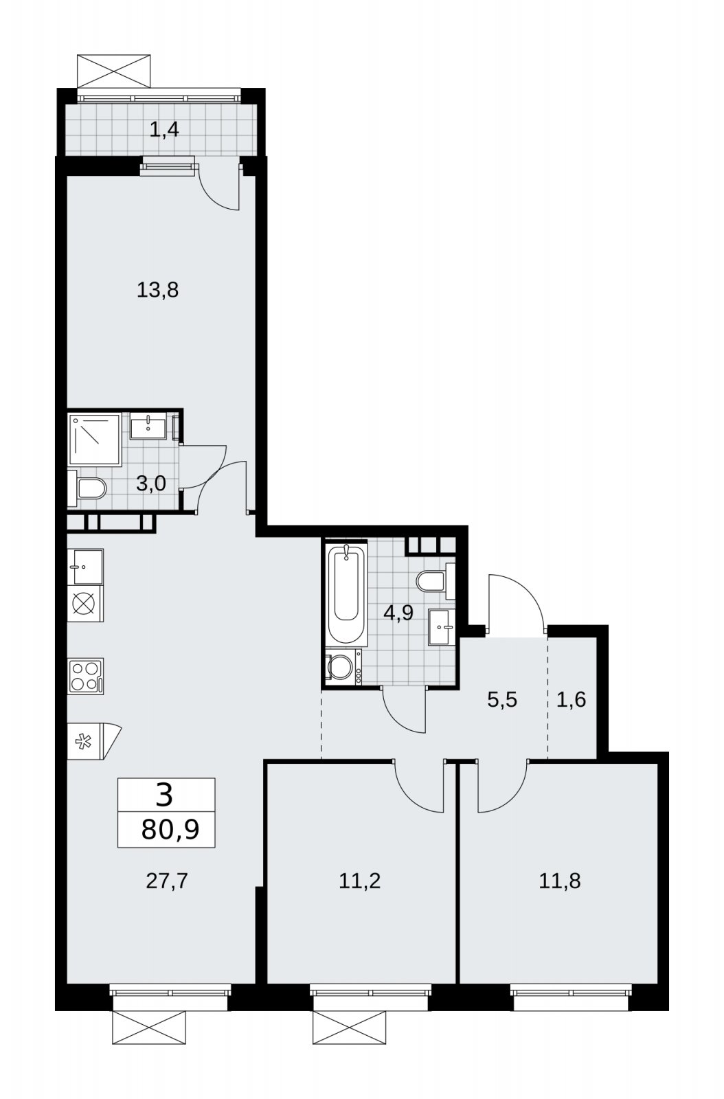 3-комнатная квартира без отделки, 80.9 м2, 6 этаж, сдача 2 квартал 2026 г., ЖК Скандинавия, корпус 25.5 - объявление 2283781 - фото №1
