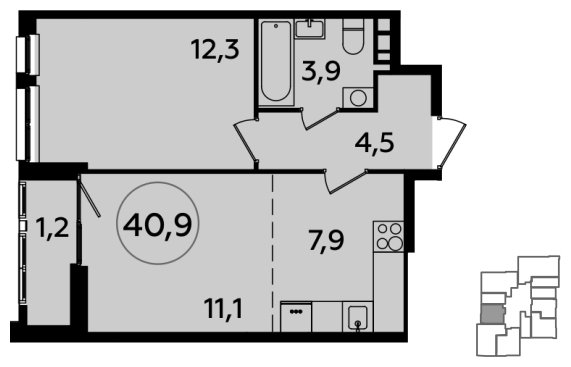 2-комнатная квартира (евро) без отделки, 40.9 м2, 18 этаж, сдача 1 квартал 2024 г., ЖК Южные сады, корпус 1.2 - объявление 1512214 - фото №1
