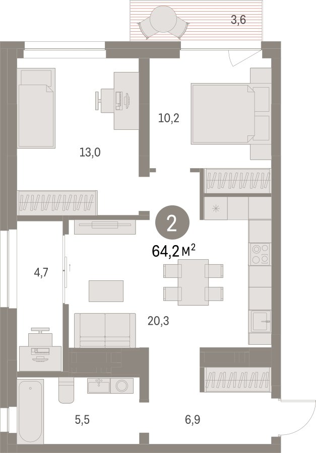 2-комнатная квартира с частичной отделкой, 64.17 м2, 9 этаж, сдача 1 квартал 2025 г., ЖК Первый квартал, корпус Дом 5 - объявление 2287922 - фото №1