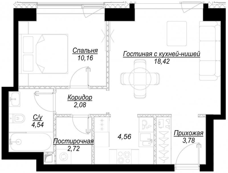 1-комнатная квартира с частичной отделкой, 46.4 м2, 22 этаж, сдача 1 квартал 2023 г., ЖК Hide, корпус RiverSide - объявление 1756846 - фото №1