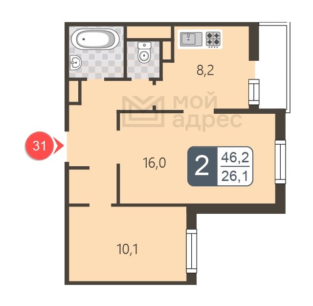 2-комнатная квартира с полной отделкой, 46.2 м2, 9 этаж, дом сдан, ЖК мой адрес В Зеленограде, корпус 2044 - объявление 1745205 - фото №1