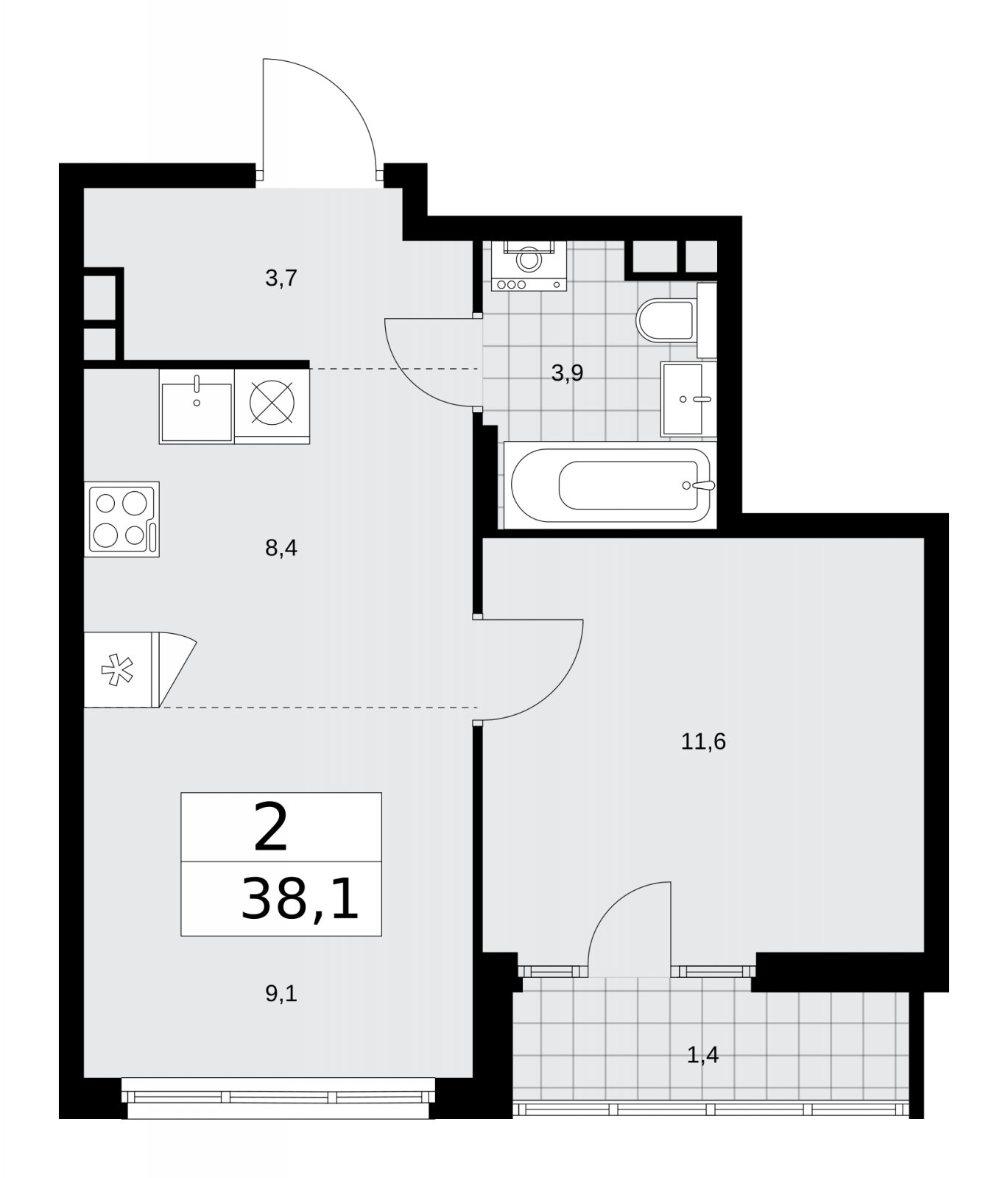 2-комнатная квартира (евро) с частичной отделкой, 38.1 м2, 7 этаж, сдача 2 квартал 2026 г., ЖК Деснаречье, корпус 4.4 - объявление 2264007 - фото №1
