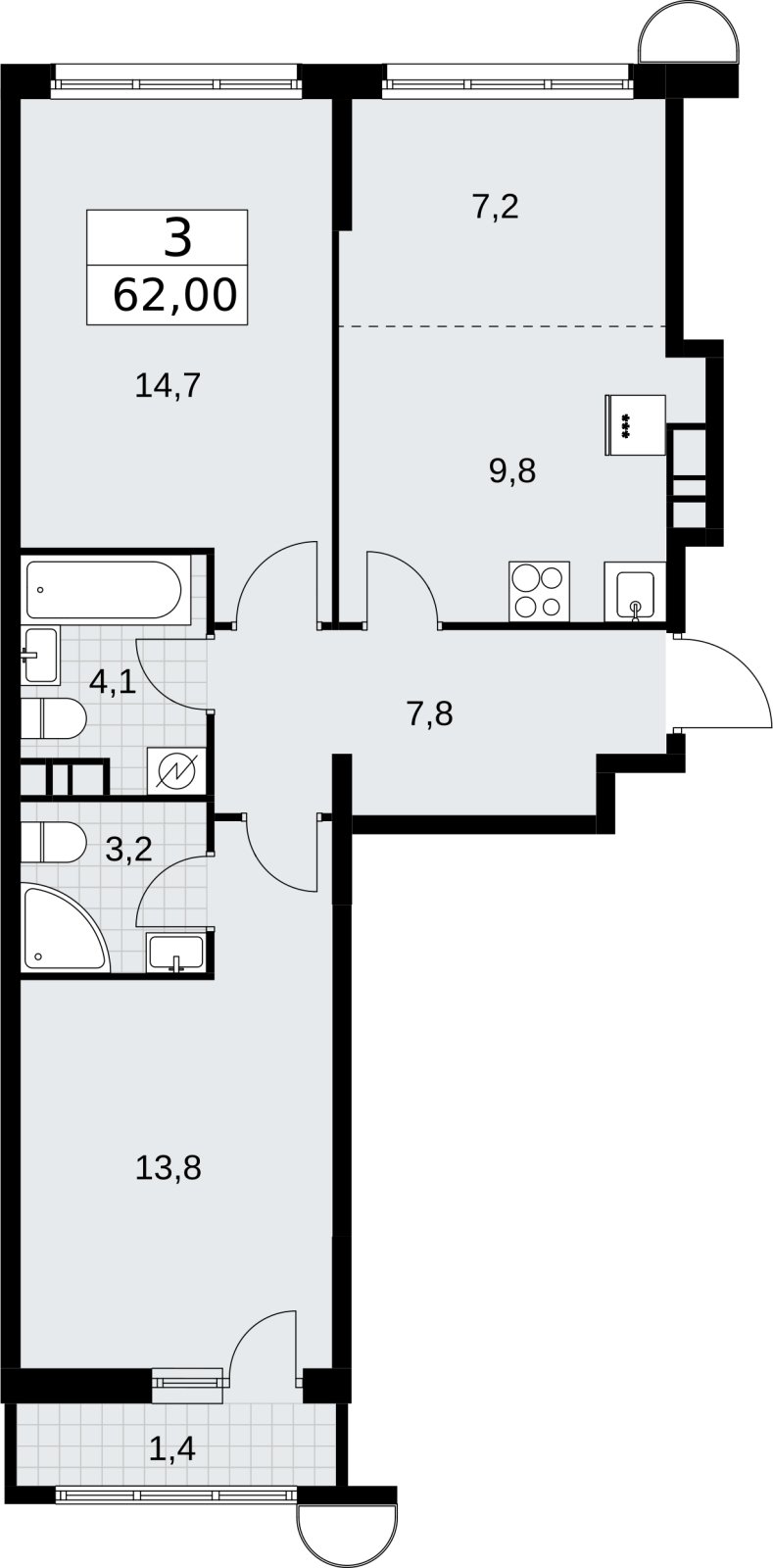 3-комнатная квартира (евро) без отделки, 62 м2, 6 этаж, сдача 3 квартал 2026 г., ЖК Родные кварталы, корпус 3.1 - объявление 2378199 - фото №1
