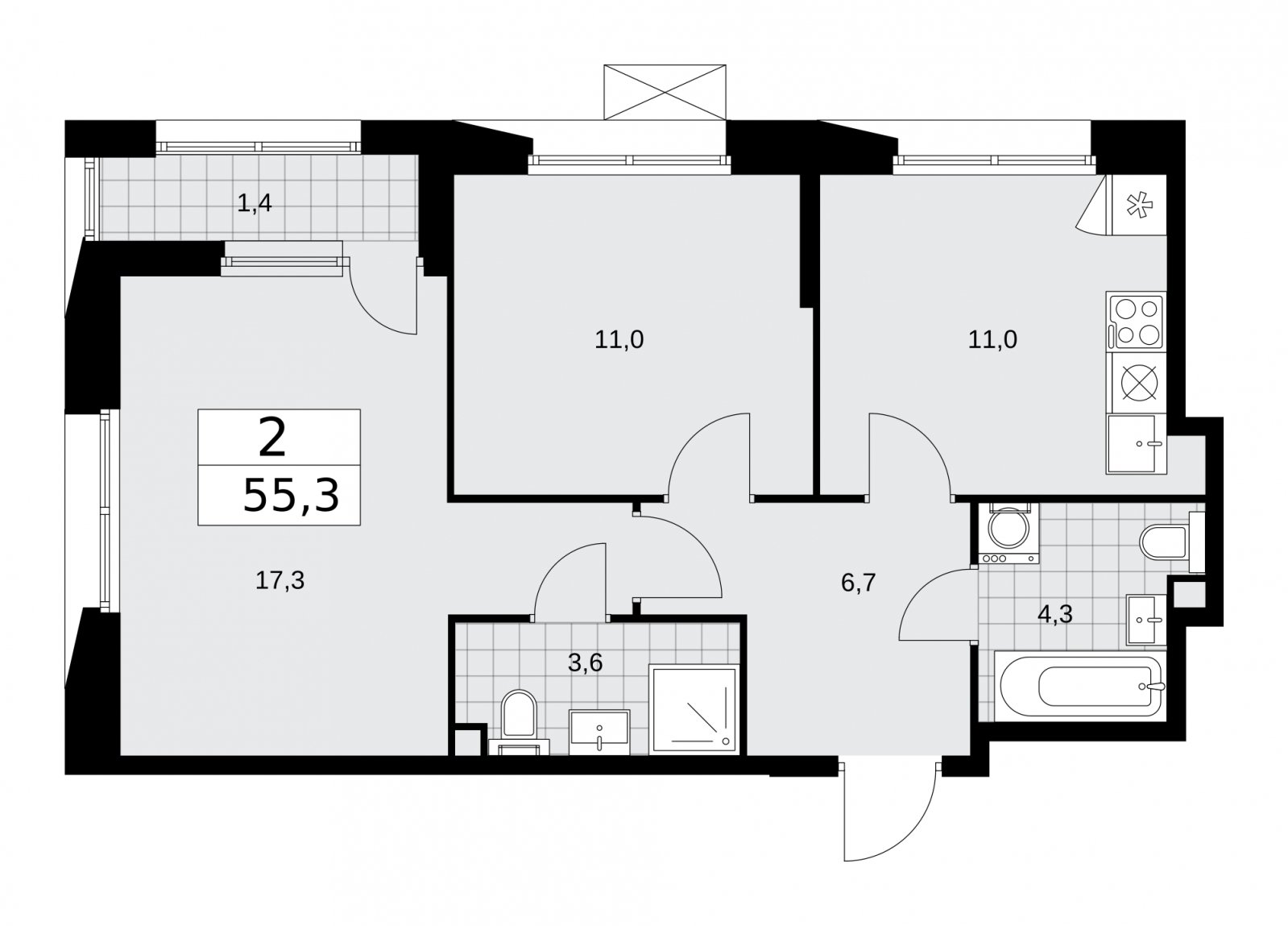 2-комнатная квартира без отделки, 55.3 м2, 2 этаж, сдача 4 квартал 2025 г., ЖК Бунинские кварталы, корпус 6.6 - объявление 2252903 - фото №1
