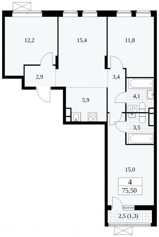 4-комнатная квартира (евро) без отделки, 75.5 м2, 3 этаж, сдача 1 квартал 2025 г., ЖК Прокшино, корпус 5.1.3 - объявление 1810499 - фото №1