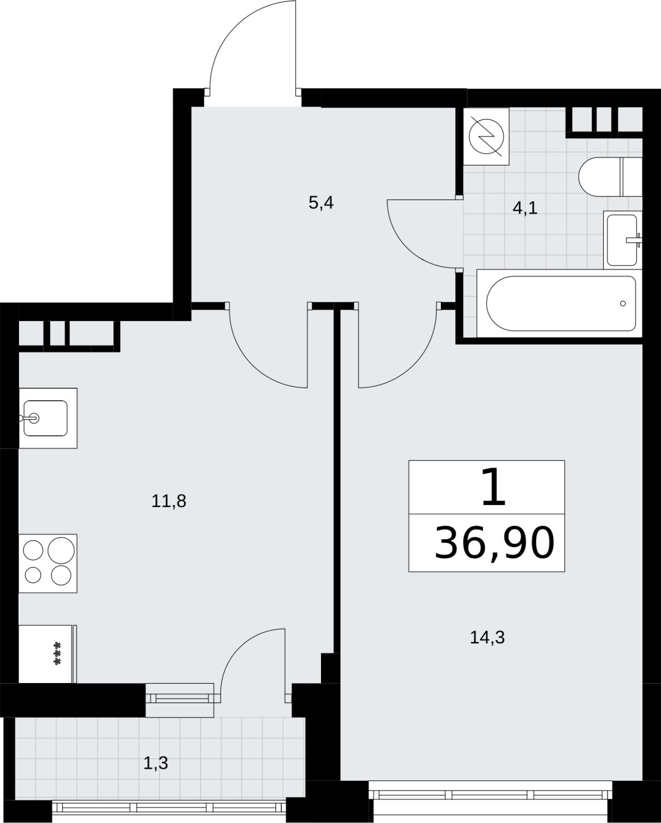 1-комнатная квартира с полной отделкой, 36.9 м2, 5 этаж, сдача 4 квартал 2026 г., ЖК Родные кварталы, корпус 3.3 - объявление 2378617 - фото №1