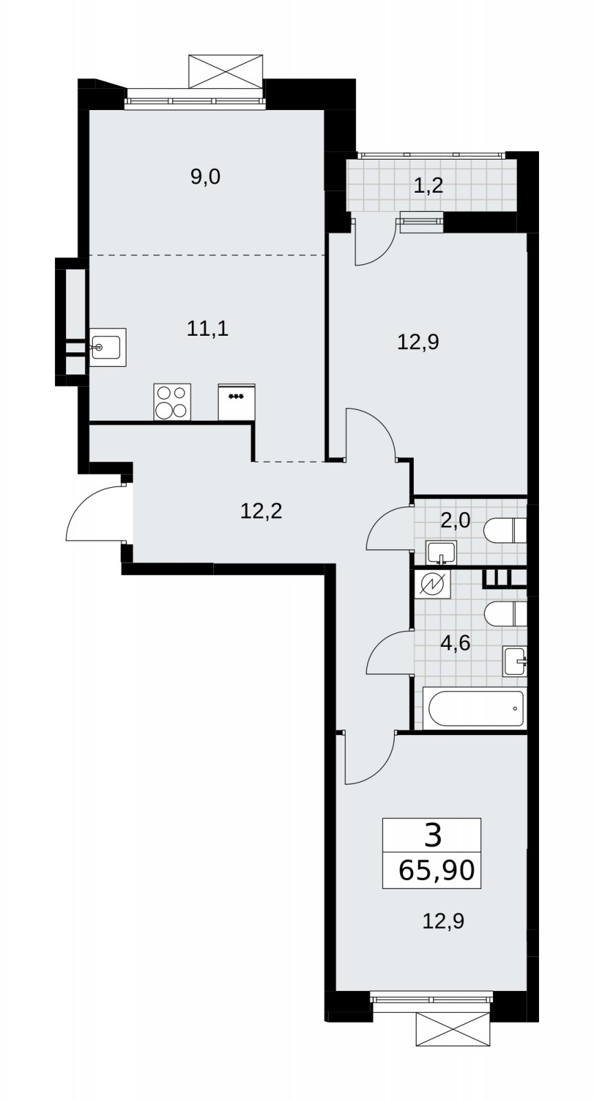 3-комнатная квартира (евро) с частичной отделкой, 65.9 м2, 3 этаж, сдача 4 квартал 2025 г., ЖК Скандинавия, корпус 28.4 - объявление 2202827 - фото №1