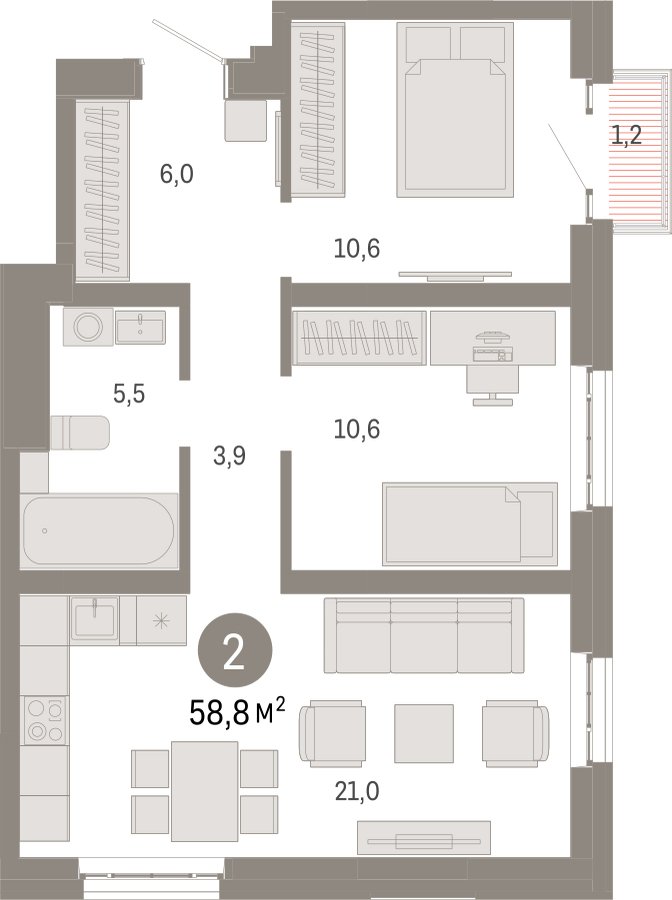 2-комнатная квартира 58.8 м2, 12 этаж, сдача 3 квартал 2026 г., ЖК Квартал Метроном, корпус 1 - объявление 2372100 - фото №1
