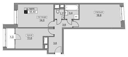 2-комнатная квартира без отделки, 55.4 м2, 11 этаж, сдача 4 квартал 2022 г., ЖК Румянцево-Парк, корпус 3 - объявление 1273956 - фото №1