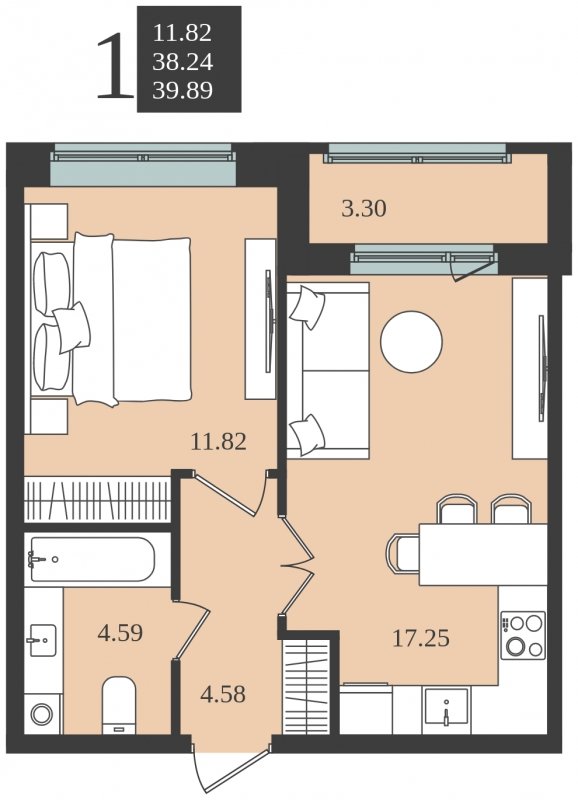 1-комнатная квартира без отделки, 39.89 м2, 1 этаж, сдача 1 квартал 2024 г., ЖК Мишино-2, корпус 7 - объявление 1748177 - фото №1