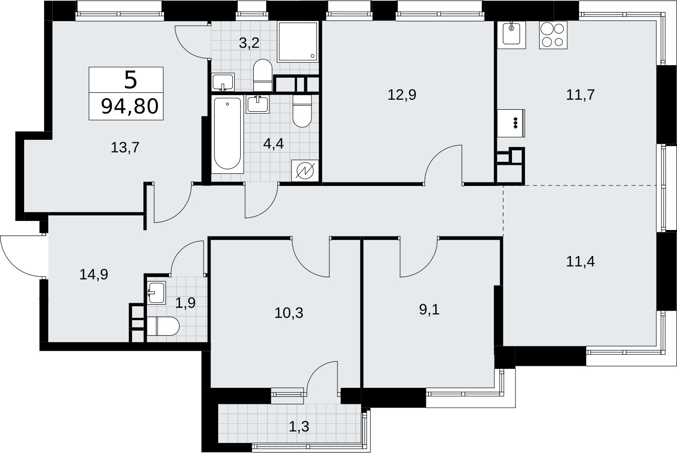 5-комнатная квартира (евро) без отделки, 94.8 м2, 8 этаж, сдача 3 квартал 2026 г., ЖК Родные кварталы, корпус 3.5 - объявление 2378730 - фото №1
