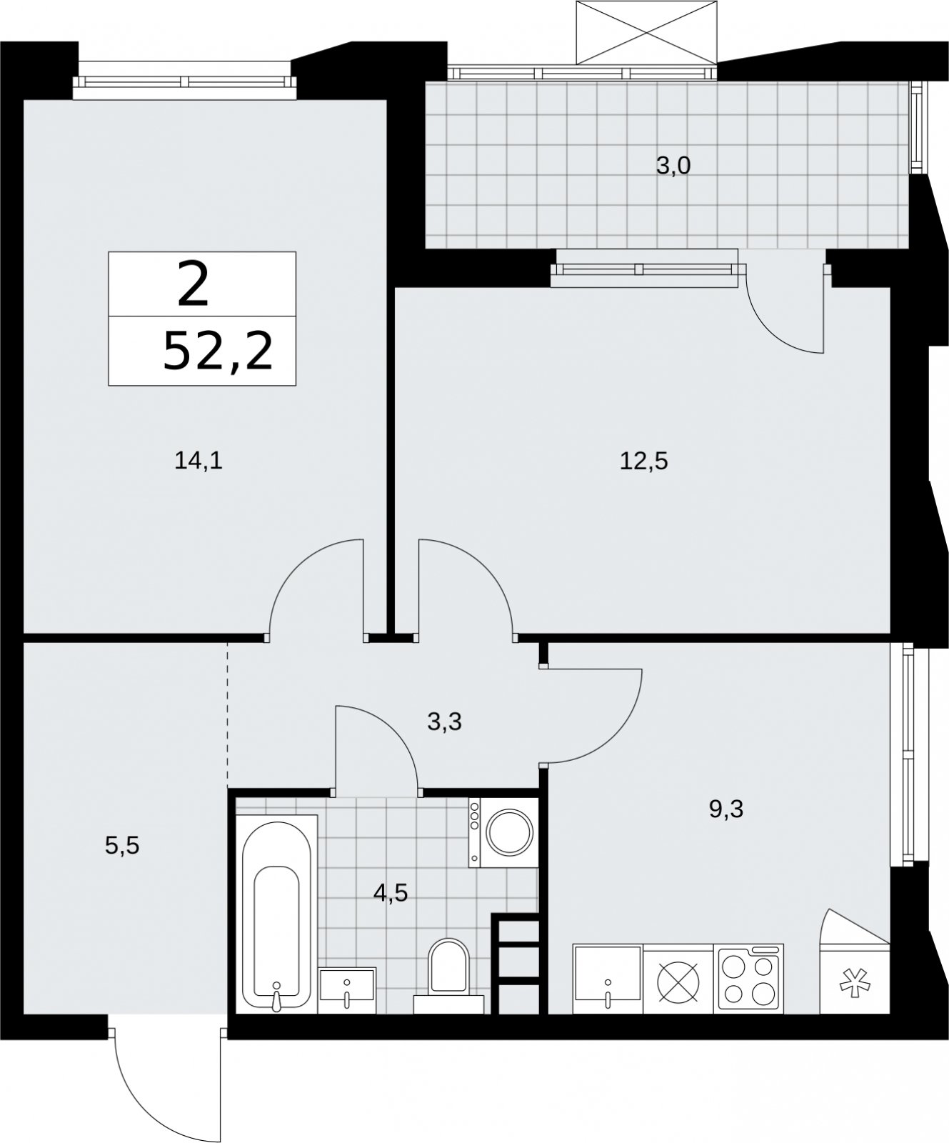 2-комнатная квартира без отделки, 52.2 м2, 9 этаж, сдача 2 квартал 2026 г., ЖК Бунинские кварталы, корпус 5.2 - объявление 2297370 - фото №1