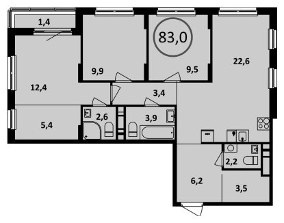 3-комнатная квартира с частичной отделкой, 83 м2, 11 этаж, сдача 1 квартал 2023 г., ЖК Испанские кварталы, корпус 6.3 - объявление 1410020 - фото №1