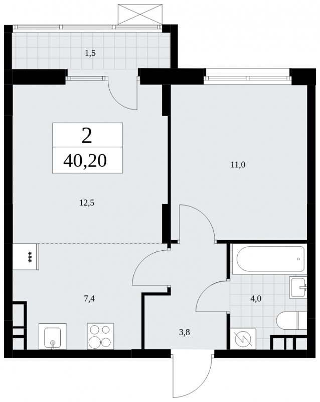 2-комнатная квартира (евро) без отделки, 40.2 м2, 7 этаж, сдача 1 квартал 2025 г., ЖК Дзен-кварталы, корпус 1.4 - объявление 1896223 - фото №1